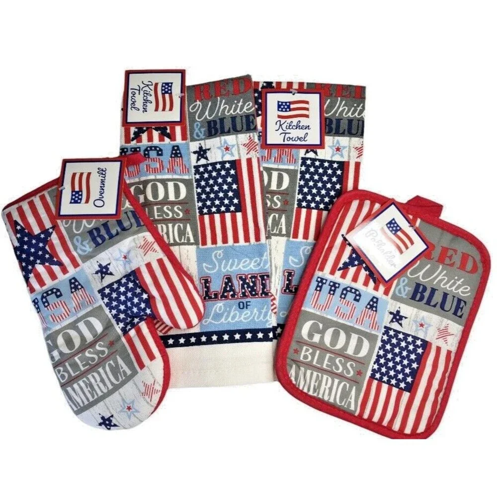July 4th Kitchen Towels Oven Mitt Potholder Set of 4 Stars Stripes Patriotic